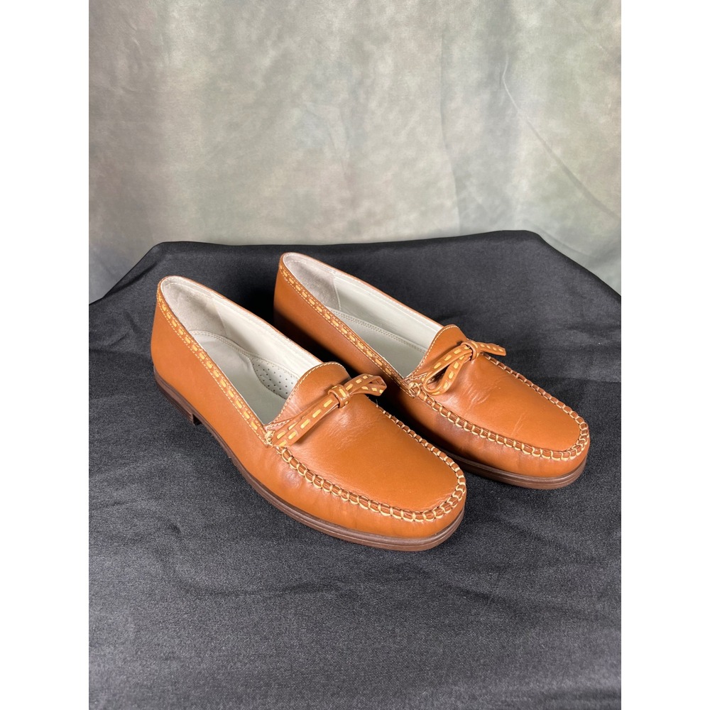 Bass Romana Leather Loafers Cognac Brown Whipstitch Bow Flats 9.5 M Brazil